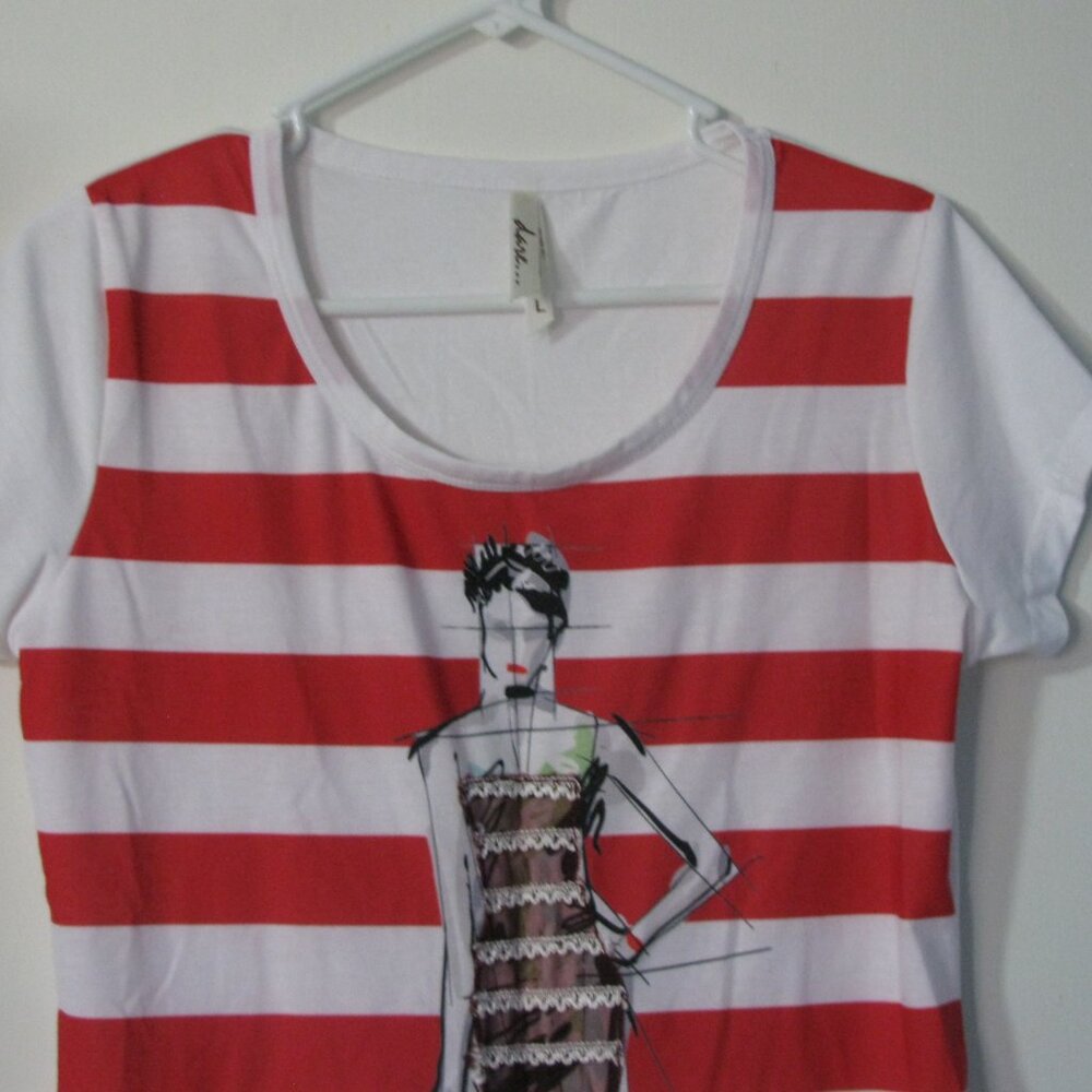 2/$15 Dare Modern Tee Tshirt NWOT New Large Red Stripe Fancy Lady - Picture 2 of 4
